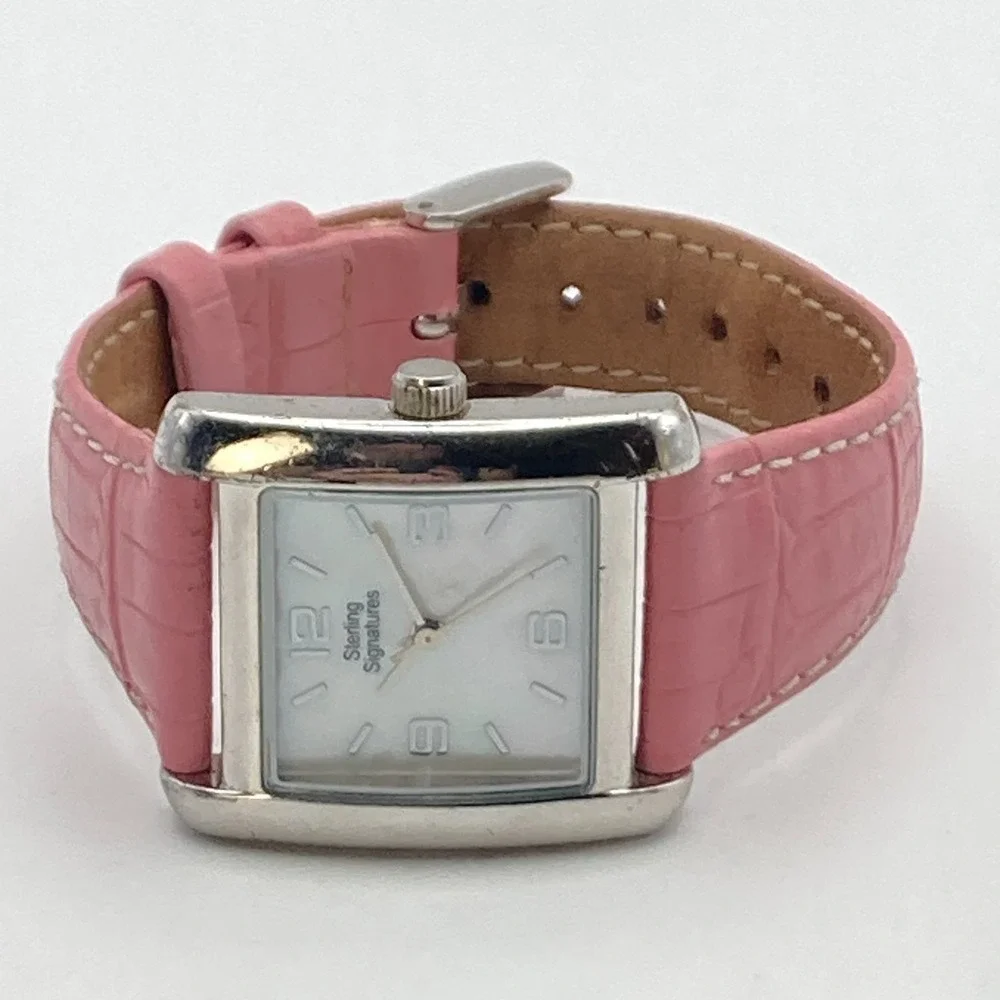 Sterling Signatures Women's Watch 28mm Silver 925 MOP Dial Leather New Battery